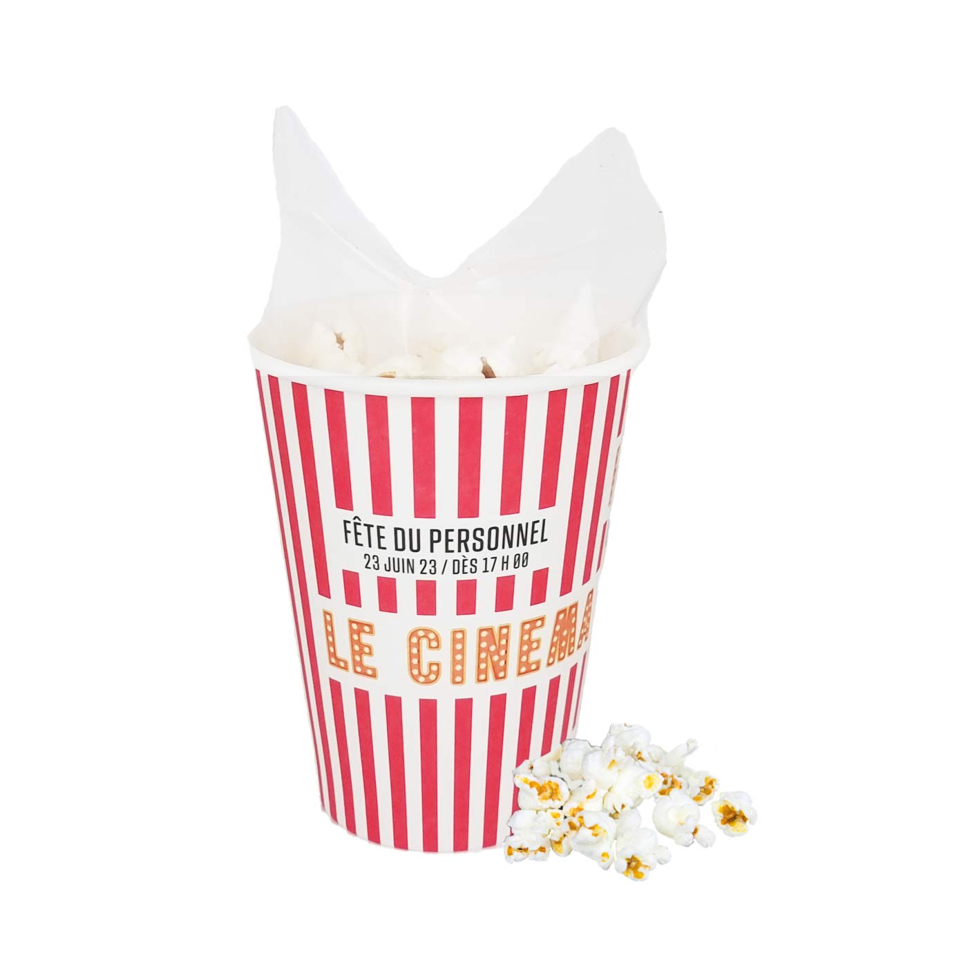 Werbebecher mit Popcorn und Logo bedruckt