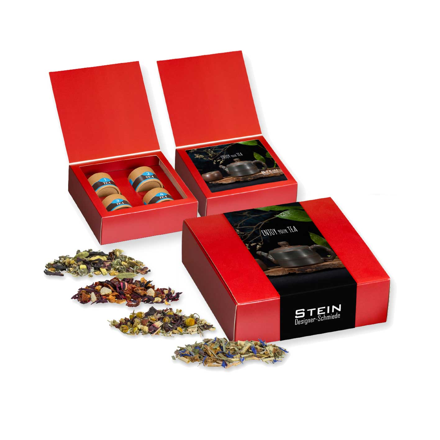 Tee Geschenkbox mit Banderole und Karte mit Logo bedruckt